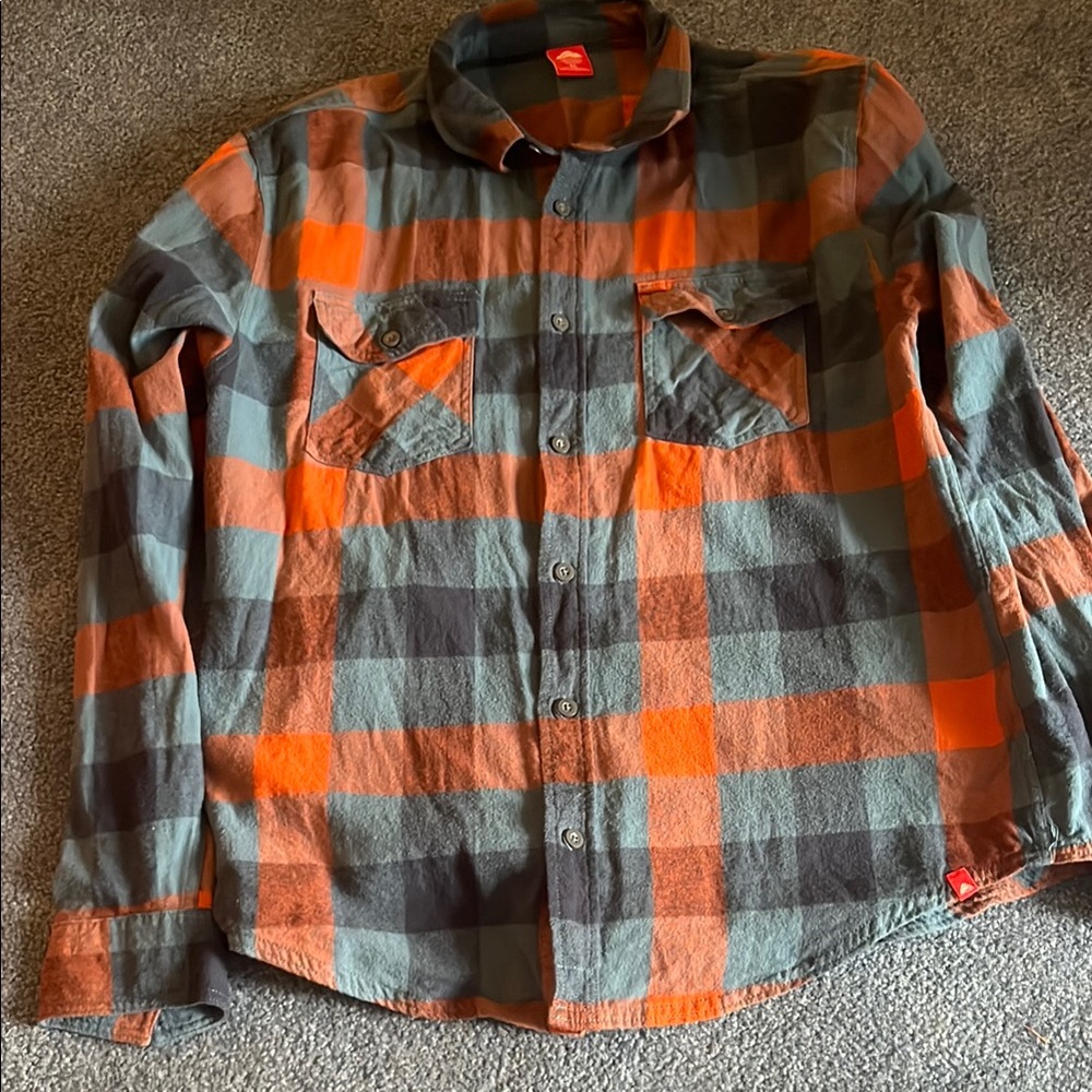 EMS Men's Orange and Gray Plaid Flannel Buttondown